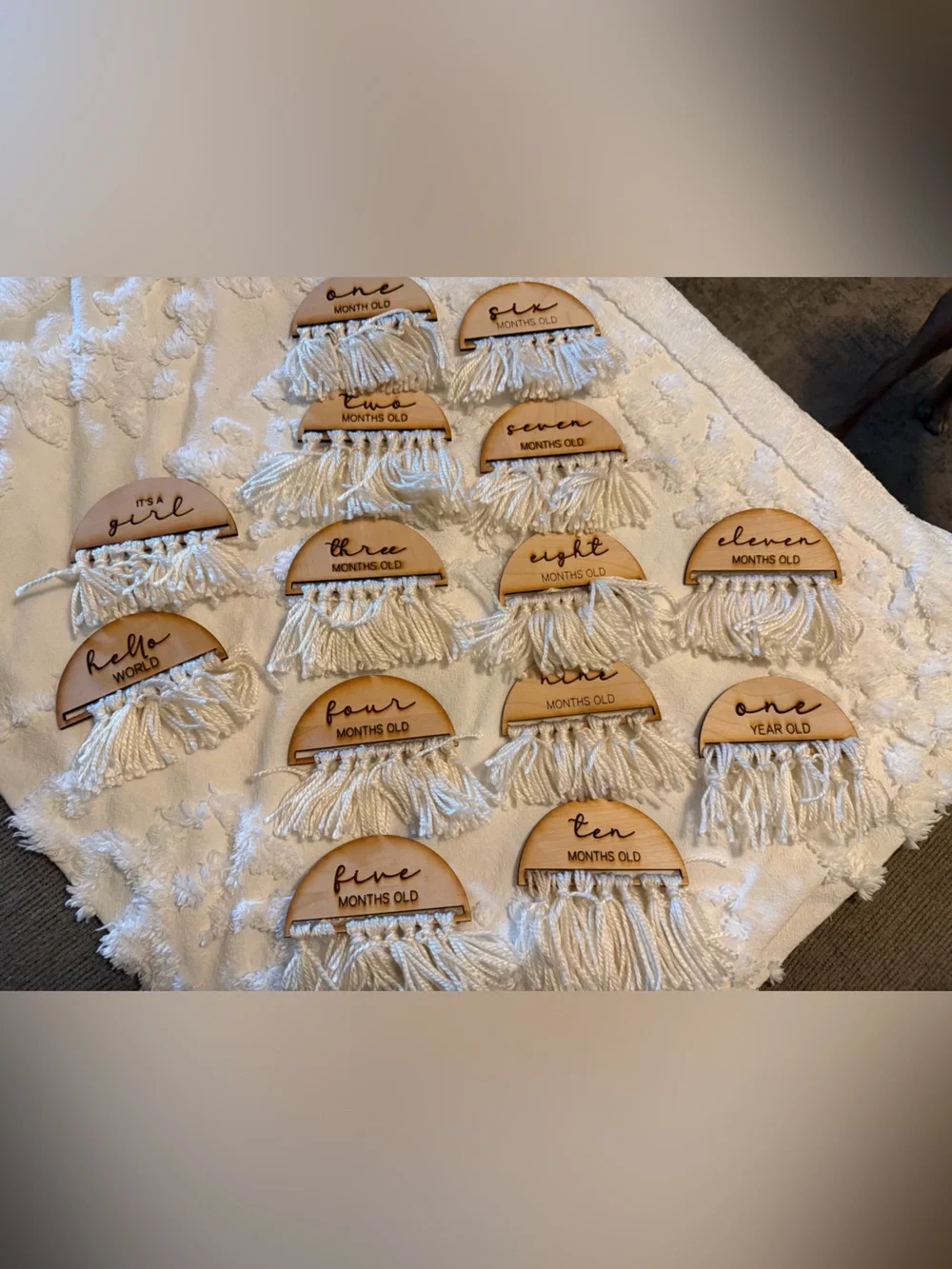 Wooden Baby Girl Milestone Macrame Tags - White